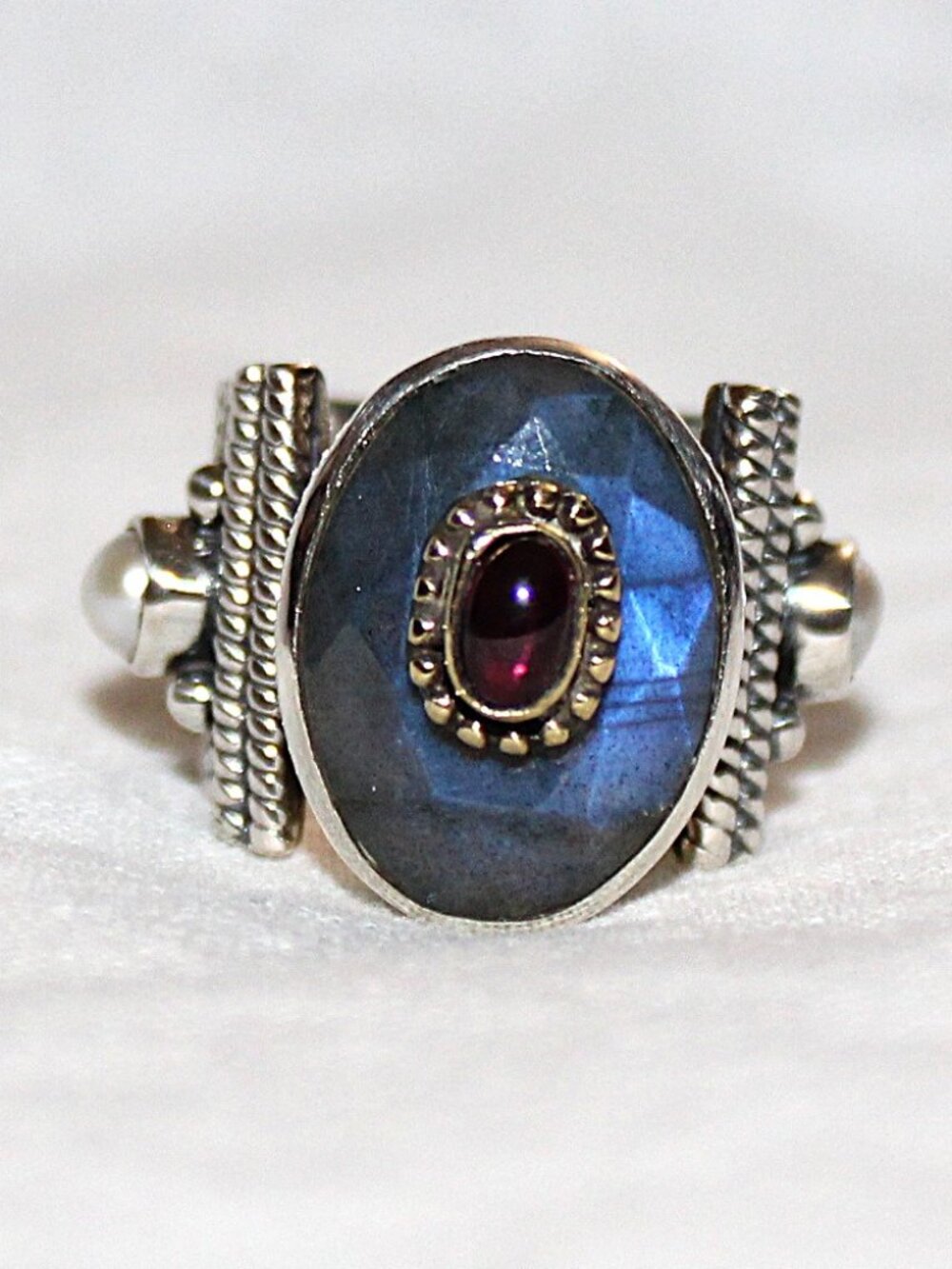 Sterling Silver Labradorite Garnet & Cultutred Pearl Floral Band Ring SZ 5